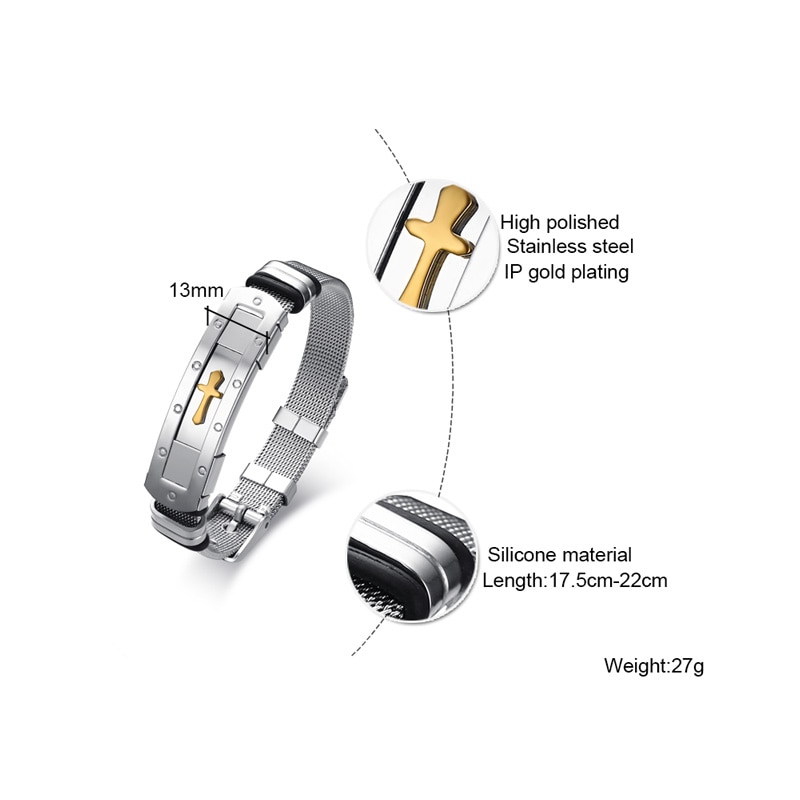 ZORCVENS – ceinture en maille d&#39;acier inoxydable pour hommes, 12mm, Bracelet de montre, croix, breloque, chrétien, fermoir à boucle réglable