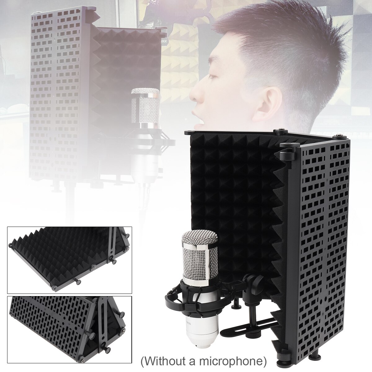 Metal Microphone Isolation Shield 3-Panel Wind Screen Foldable 3/8" and 5/8" Threaded Absorbing Foam for Live Broadcast: Mic Pop Filter
