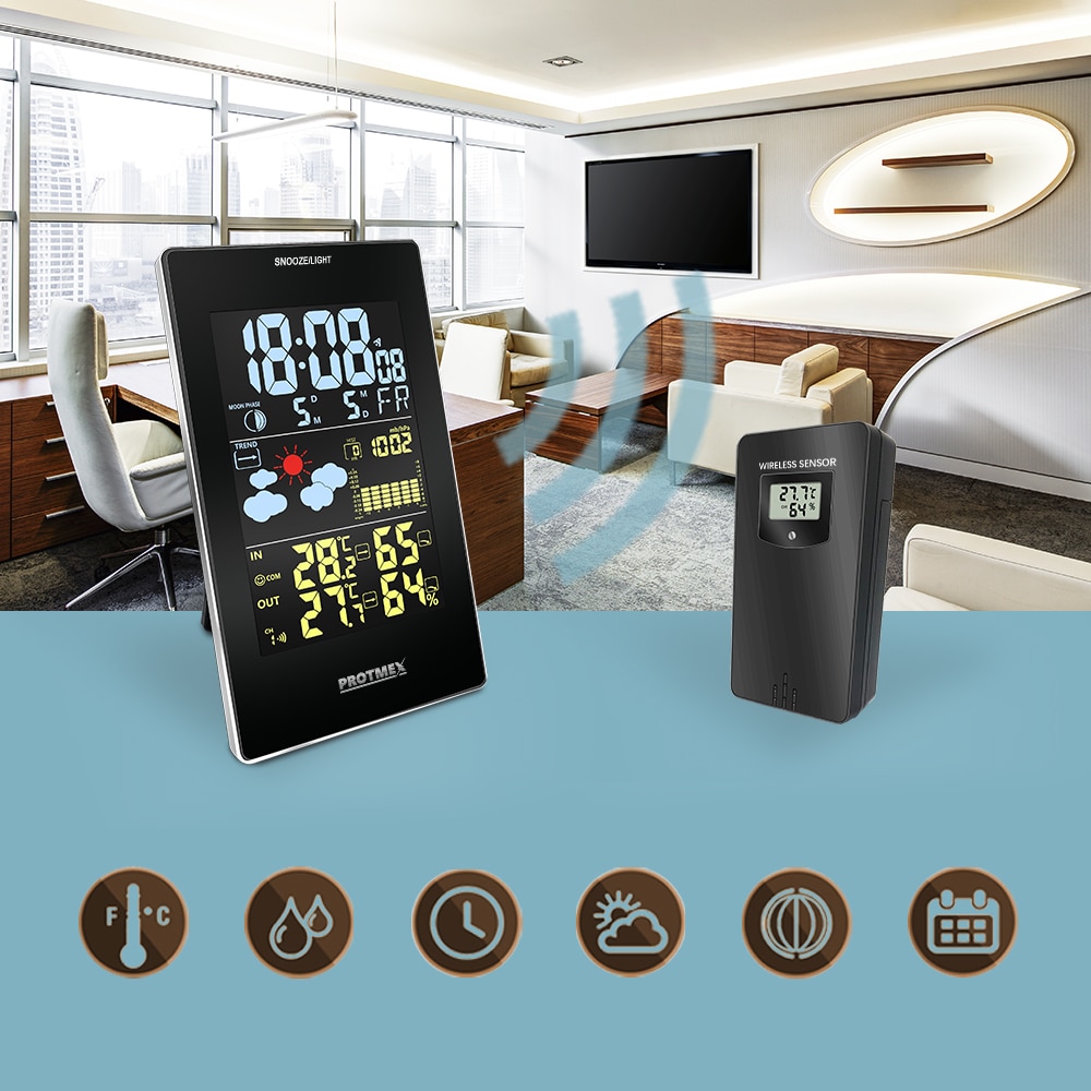PROTMEX Wireless Weather Station PT3352C Temperature Humidity Sensor Colorful LCD Display Forecast Clock in/outdoor