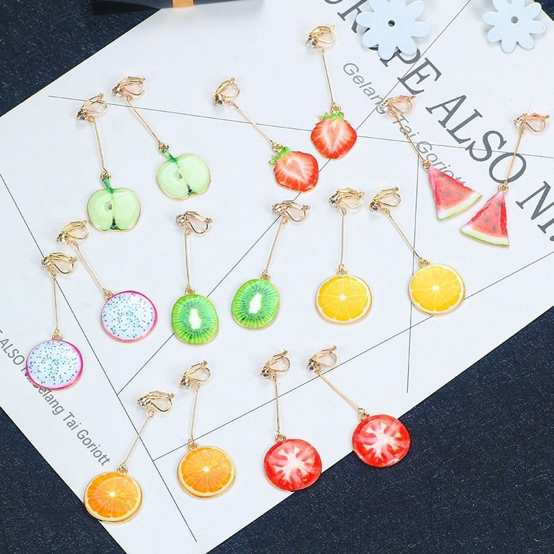 Leuke Watermeloen Aardbei Oorbellen Geen Oor Gat Fruit Hanger Lange Clip Earring Voor Vrouwen Romantische Kwastje Oor Sieraden