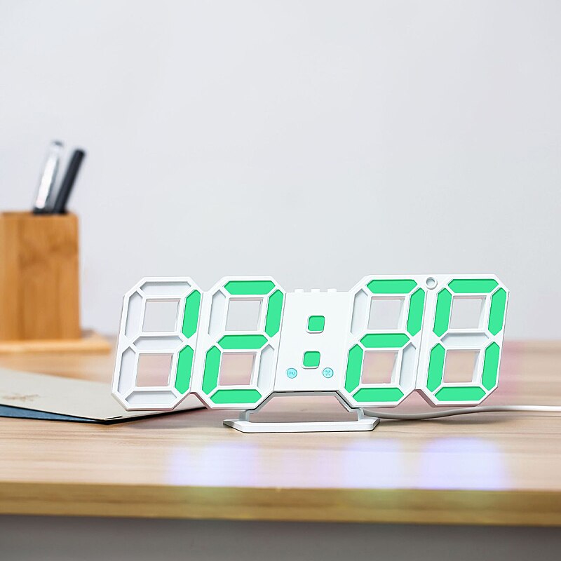 3D Luminous Plastic LED Digital clock Wall Desktop clock Alarm clock Time Temperature Calendar Display Modern Simplicity Clock: Green