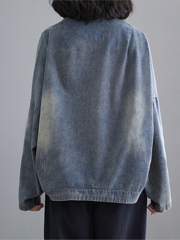 Denim oversized forårsfrakke kvinder afslappet løs plisseret dame cropped jakker langærmet v-hals damejakker frakker