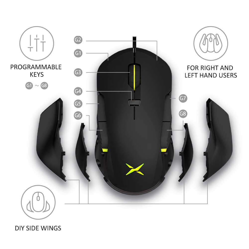 Delux M627S PMW3389 sensor Wired Gaming Mouse 8 Buttons 16000 DPI RGB Backlight Optical Left and Right hand Mice DIY Side Wings