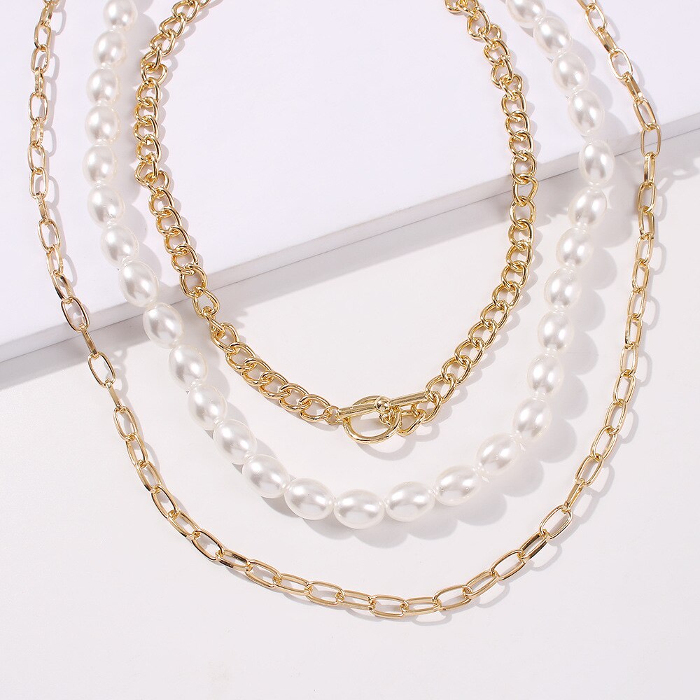 KMVEXO Imitation Oval Pearl Choker Necklace Women Korean Kpop Multi Layer Cuban Chain Collar Necklaces Goth Jewelry