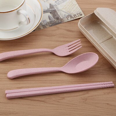 blé paille ensemble de couverts enfants baguettes fourchette trois ensembles de Portable Protection de l'environnement vaisselle ensemble: Rose