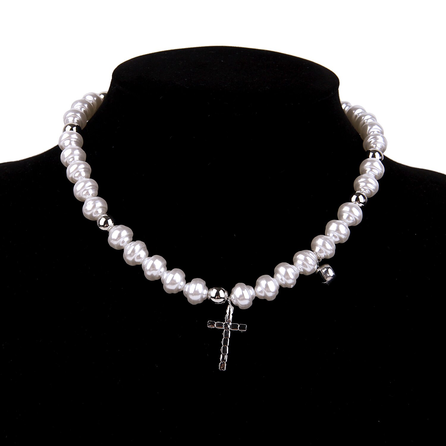 Hip hop imitation uregelmæssige perler perlerede kryds vedhæng halskæde metal kæde chokers line halskæde til kvinder mænd punk smykker