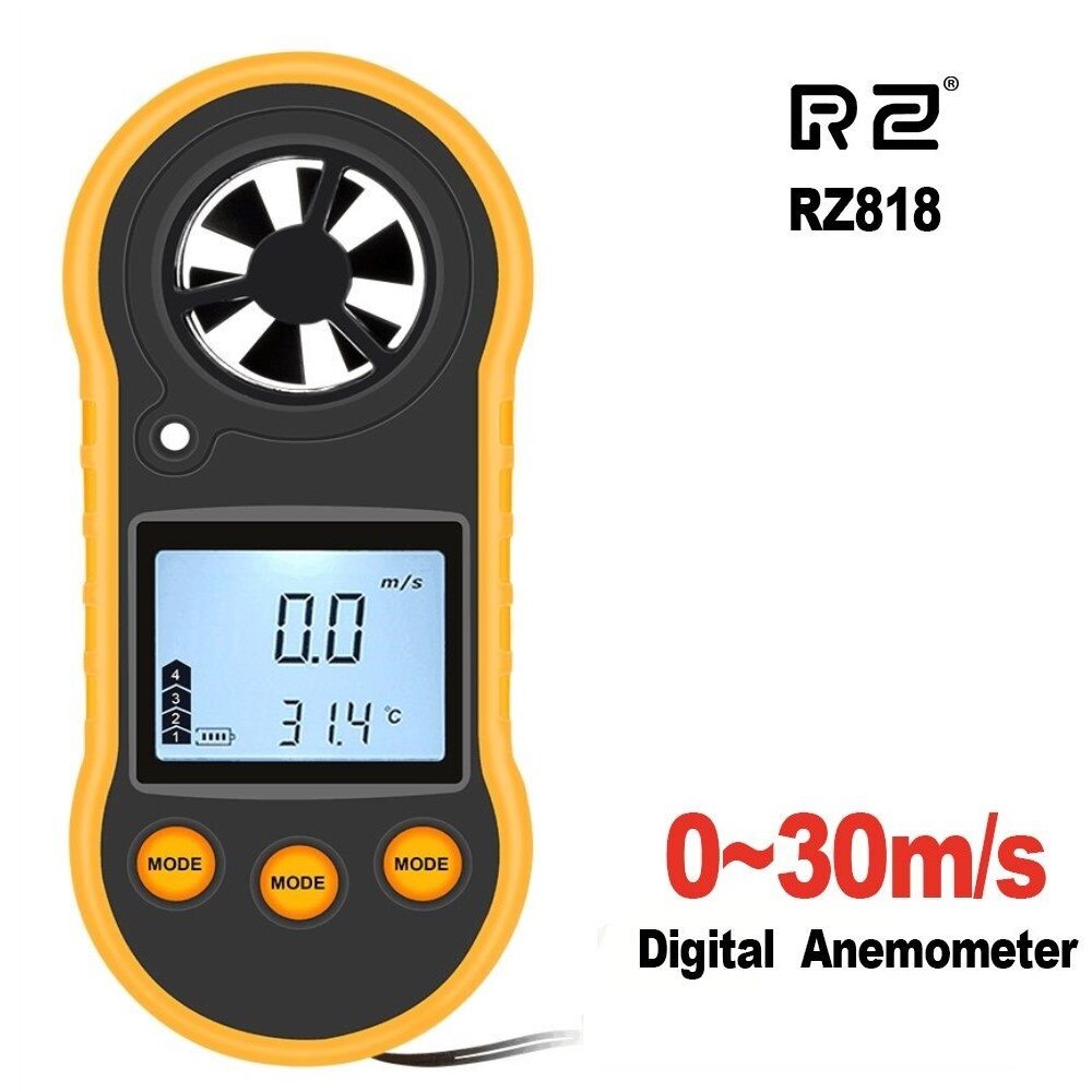 RZ818 Digital Anemometer Wind Speed Meter Measures Wind Velocity Airflow Temperature with LCD Backlight Wind Speed Meter 30m/s