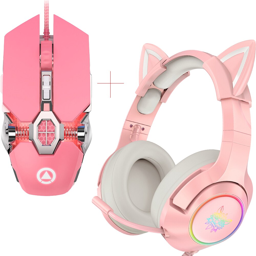 ONIKUMA K9 Pink Gaming Headset For Girls PC Stereo Gaming Headphones with Mic & LED Light For Laptop/ PS4/Xbox One Controller: Mouse with headset 1