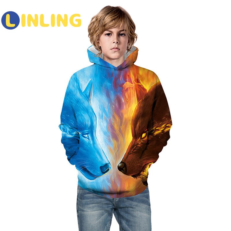 Linling lente- en herfsthoodies voor jongens 3d digitaal bedrukte wolf casual kinderjas polyester jongensjas kinderkleding  p527