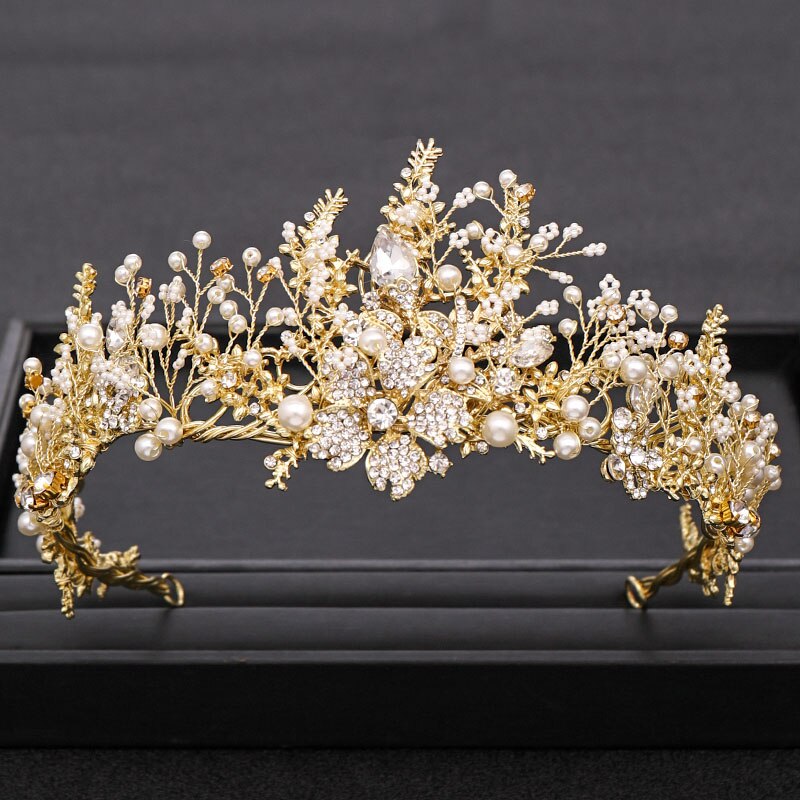 Couronne de mariage à la main à la Baroque strass perle cristal bandeau accessoires de cheveux de mariage couronne de mariée accessoires de cheveux: Or-couleur