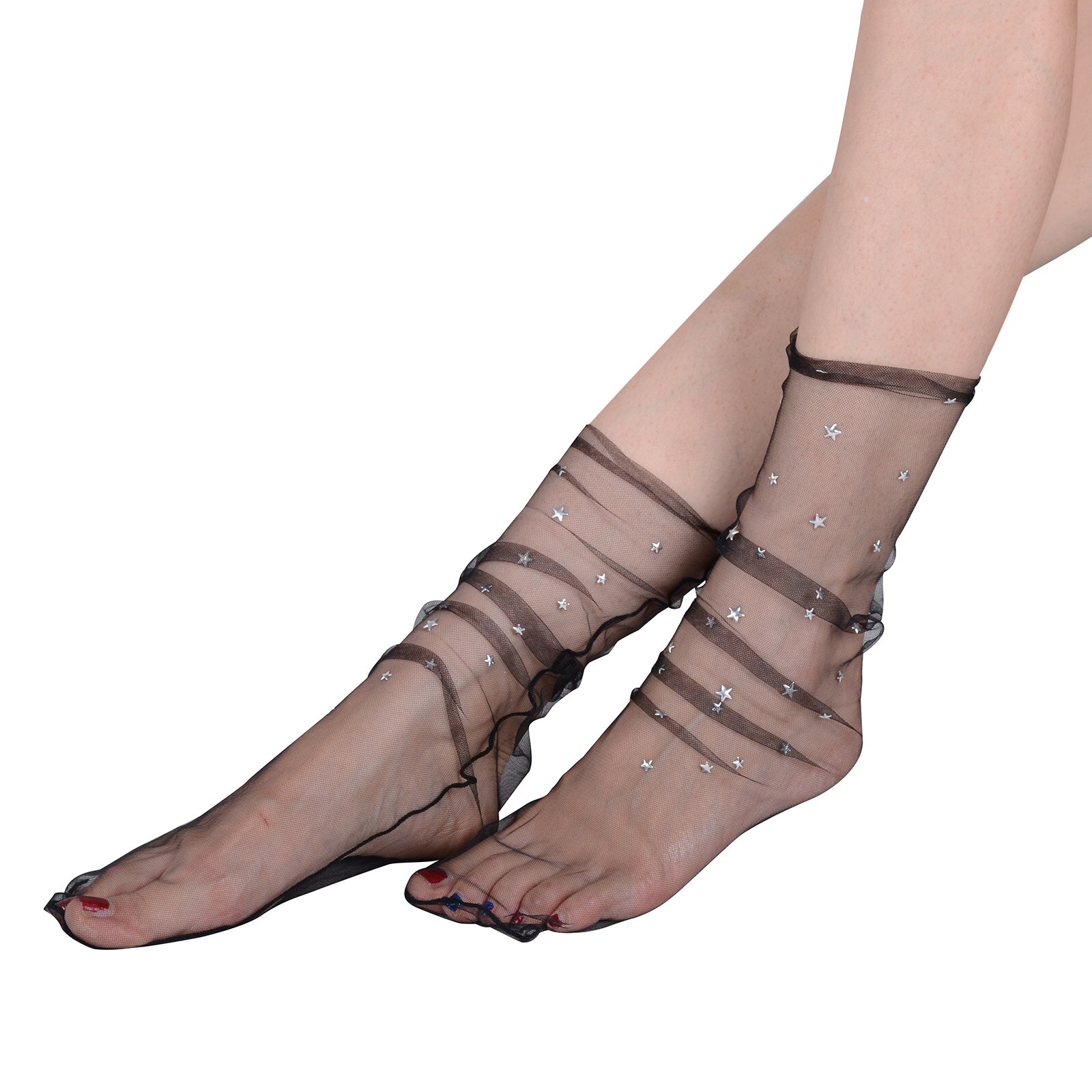 Frauen funkeln verlieren schier Tüll Socken transparent Glänzenden Stern Gittergewebe schlapp Socken Sommer Spitze Strumpfwaren Accessoires: Schwarz klein Stern
