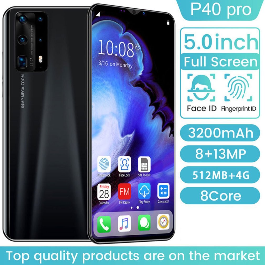 Double-Core P40 Pro Smartphone 5 pouces écran Smartphone 512M + 4G Android Smartphone 3D verre plaqué couverture arrière