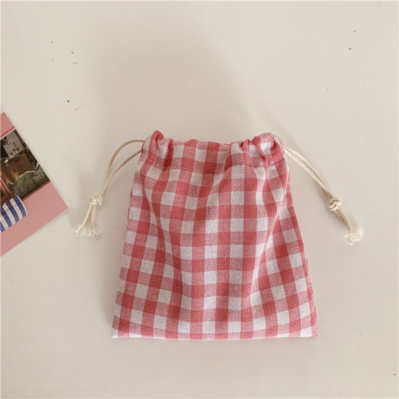 Cotton Fabric Lattice Drawstring Storage Pouch Packaging Bag Underwear Socks Jewelry Organizer Christmas Bag: Pink