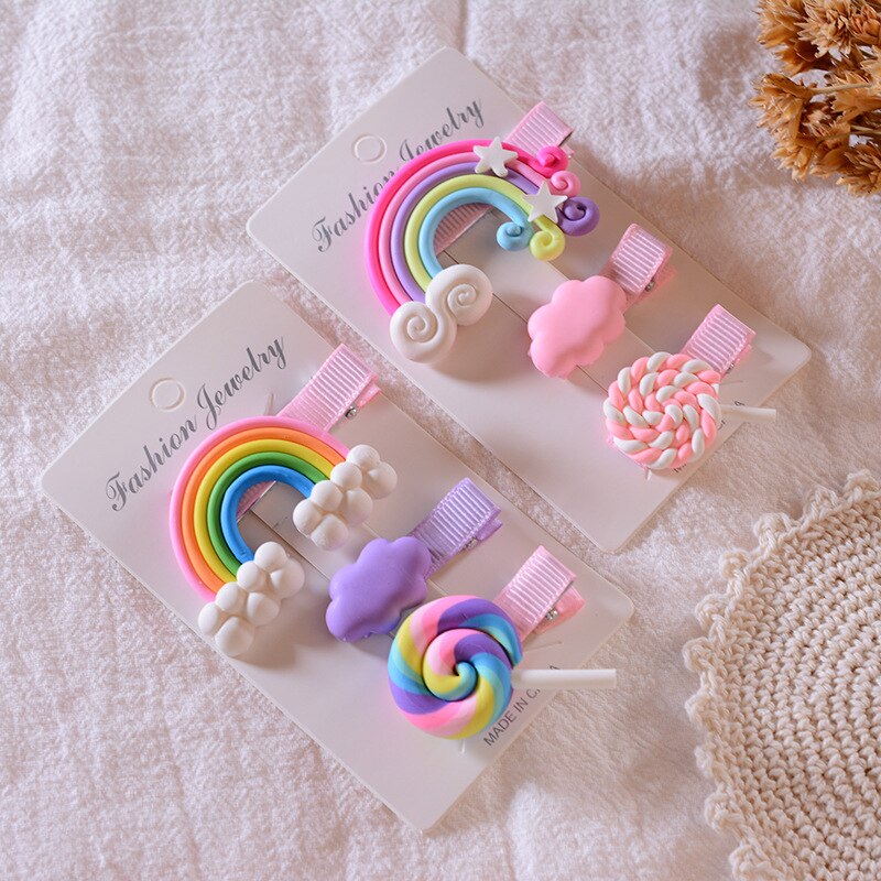 3pcs Kids Girl Hair Clip Styling Rainbow Cloud Lollipop Side Clip Little Girl Clip Hair Accessories Duckbill Clip Headwear TXTB1