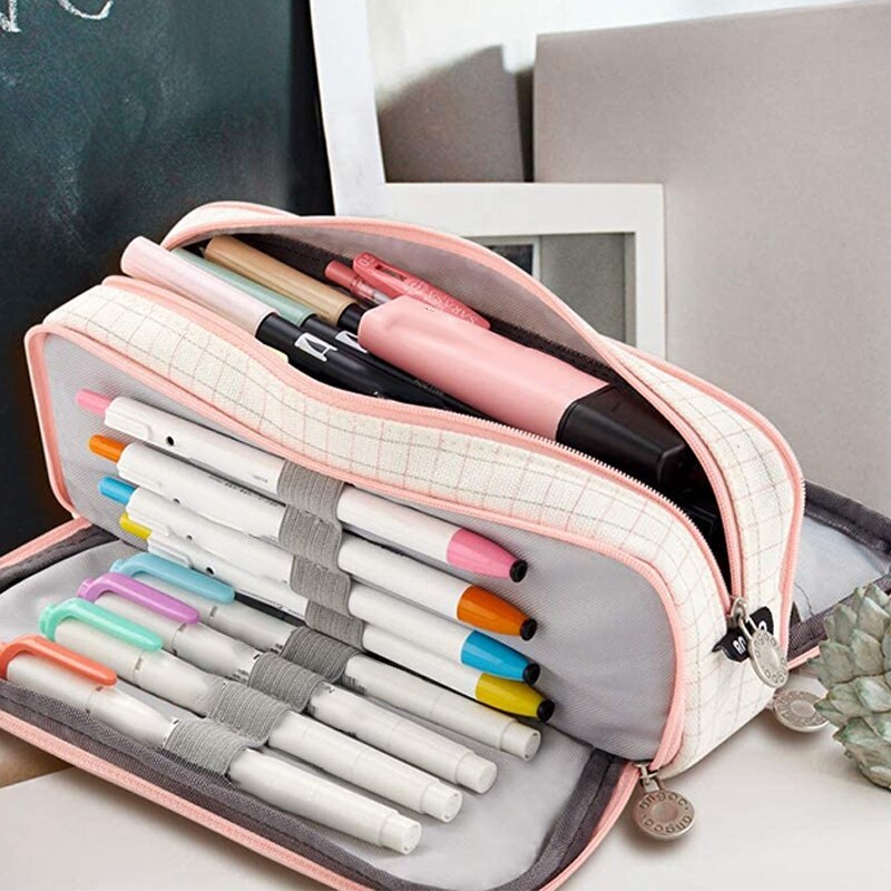 ANGOO Pencil Case Big Capacity 3 Compartments Canvas for Students