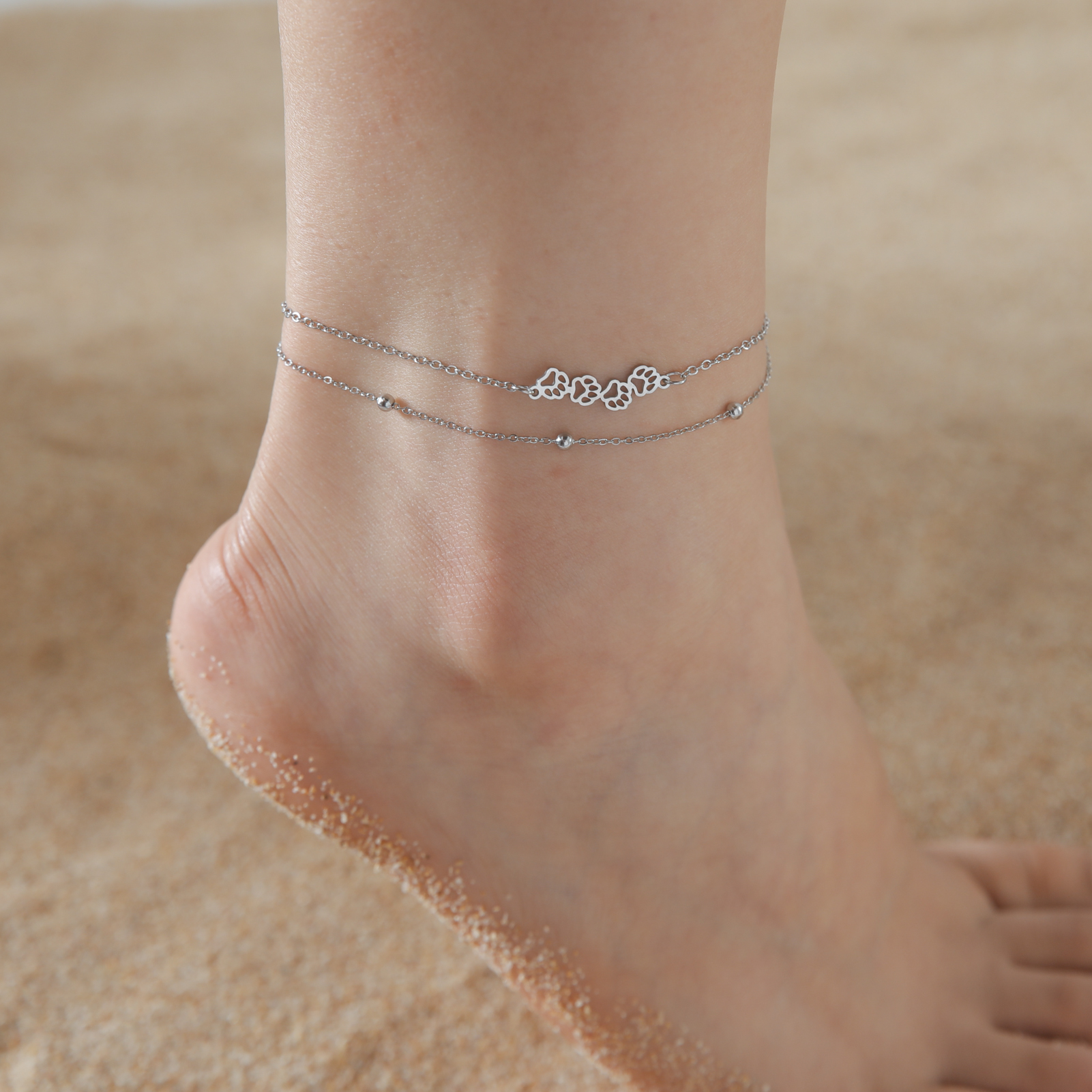 Cazador Animal Cat Dog Paw Anklets for Women Stainless Steel Double Layer Beads Foot Bracelet on the Leg Summer beach Jewelry