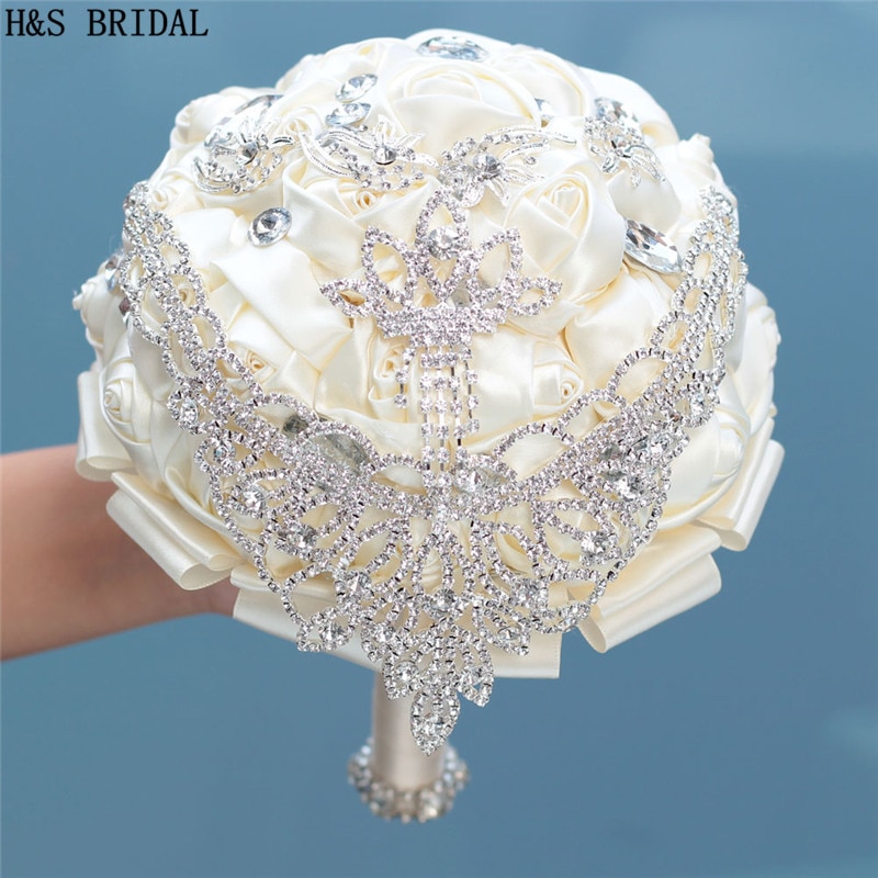 H&amp;S BRIDAL Ivory Crystals Crown Wedding Flowers Crystals Bridal Bouquets Artificial Wedding Bouquets buque de noiva