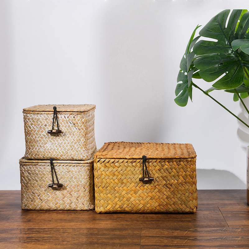 Seagrass Storage Box with Lids Rattan Storage Baskets Handwoven Makeup Jewelry Wicker Boxes for Home Office Organizer
