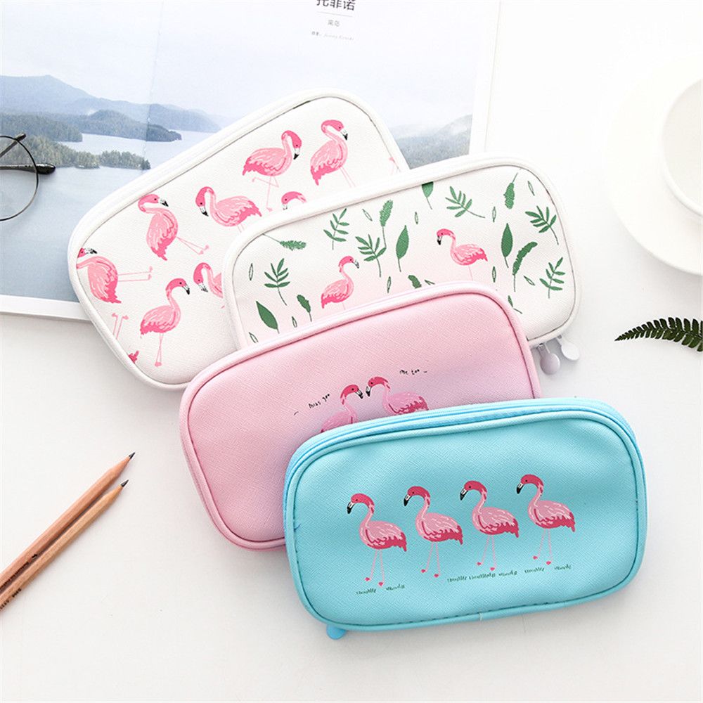 Tegneserie flamingo penalhus pu stor kapacitet lynlås blyantboks bærbar opbevaringspose kawaii papirvarer studerende pen taske