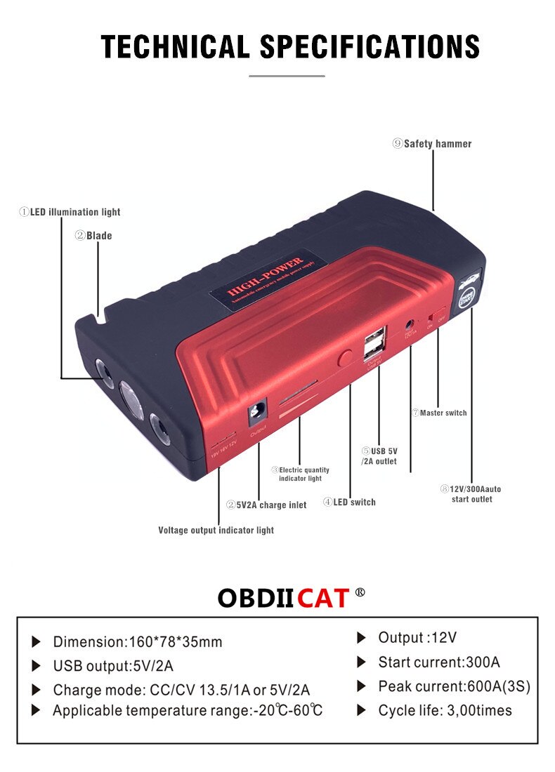 OBDIICAT D5 Car Jump Starter 12V Portable Booster Power Bank Car Emergency Jumpstarter Charge starting Auto Battery Buster