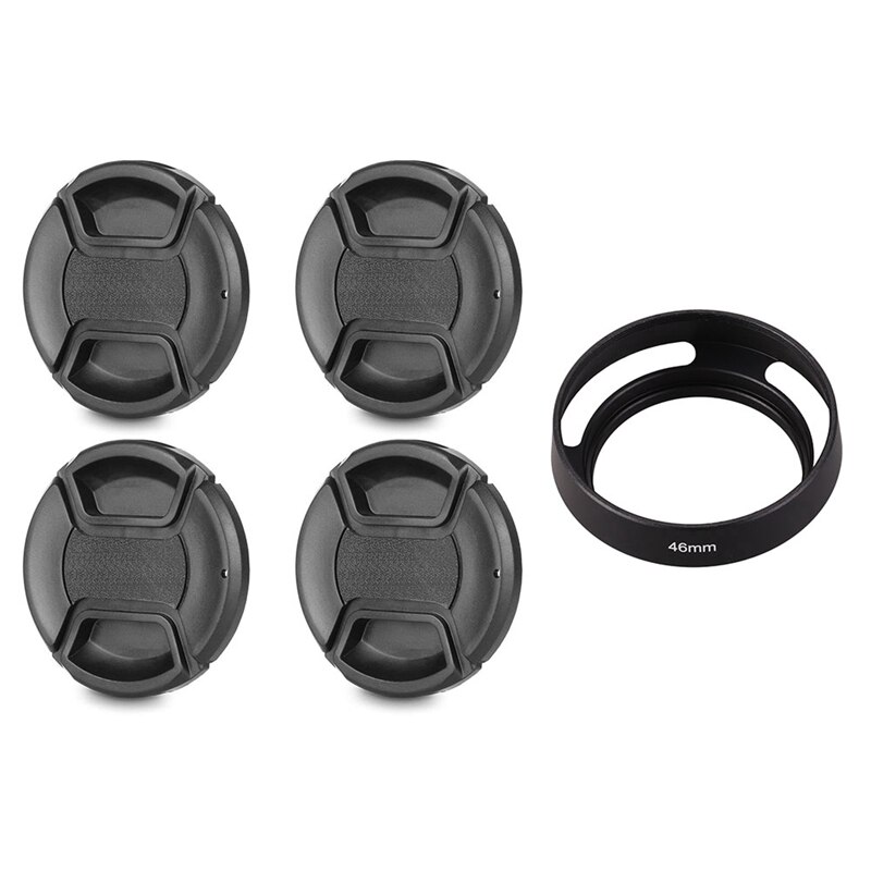 1 Set 58Mm Lens Cap With Lens Cap Leash Hole Bundle &amp; 1 Pcs Black 46Mm Metal Lens Hood: Default Title