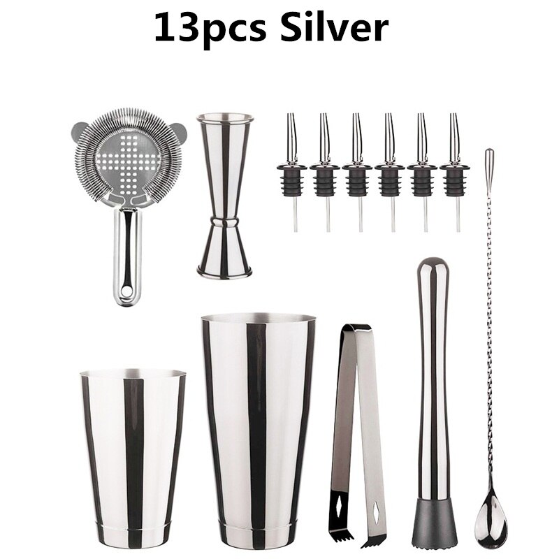 13 pçs/set aço inoxidável cocktail shaker gelo tong mixer bebida boston bartender browser kit barras conjunto ferramentas barra profissional: 13pcs Silver