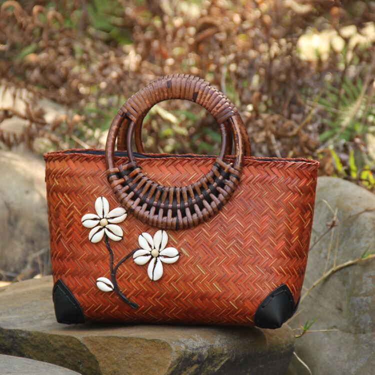 22 Stijl Strozak Rotan Houten Handvat Retro Geweven Zak Emmer Zak Grote Strand Tas: C085 brown