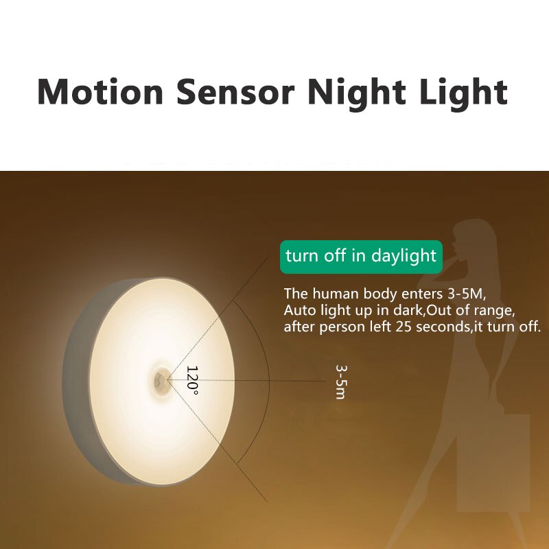 6 LEDs PIR Motion Sensor Night Light Round Auto On/Off for Bedroom Stairs Cabinet Wardrobe Wireless USB Rechargeable Wall Lamp