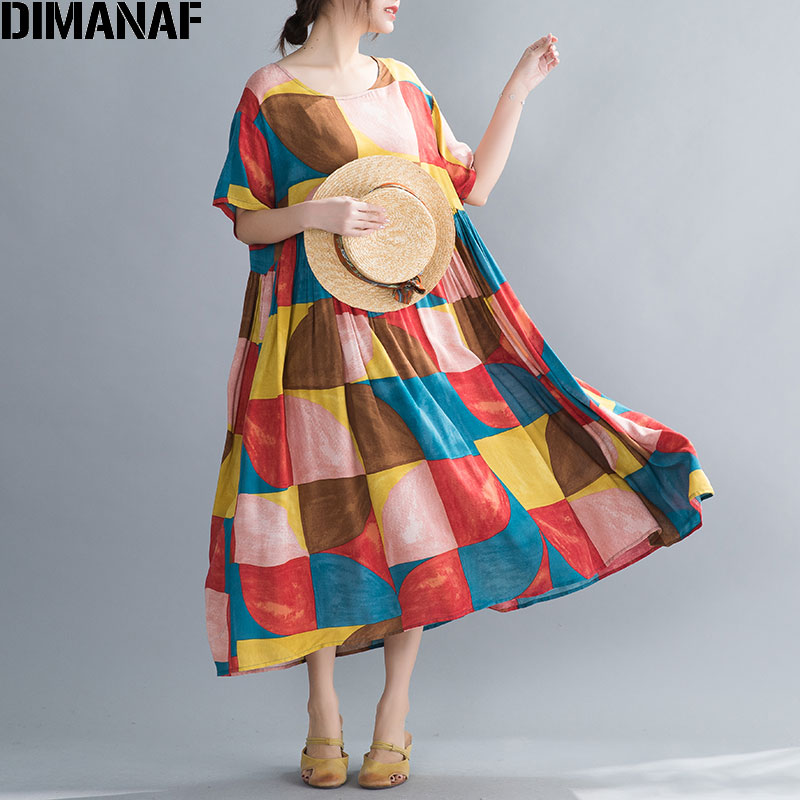 Dimanaf oversize vestido feminino verão vestido de verão praia estilo senhora vestidos algodão casual solto plus size vestido de impressão roupas 2020