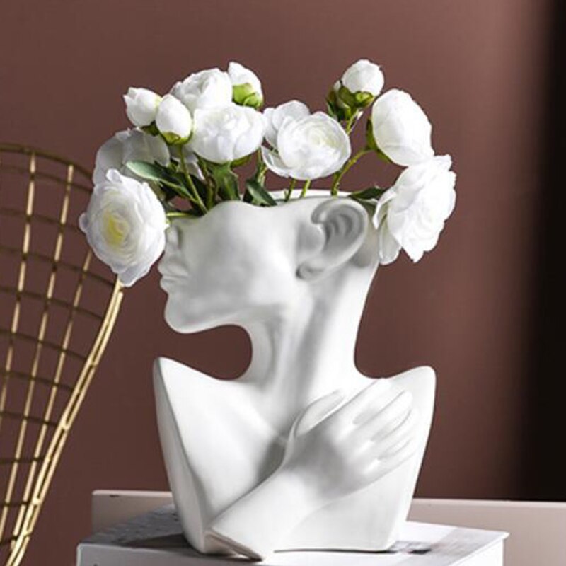 Half Body Face Ceramic Flower Pot White Figure Sculpture Crafts Desktop Flower Arrangement Container Garden Decoration