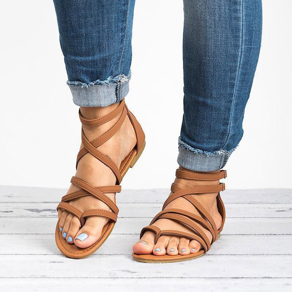 Women's Sandals Cross Tied Flat Sandals Zipper Summer Flat Roman Gladiator Beach Sandals Wedge Flat Sandals sandalias mujer
