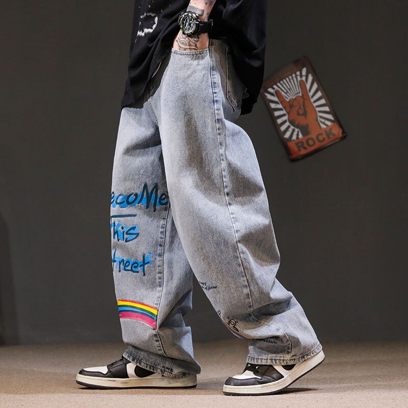 Rainbow Jeans Men Hip Hop Blue Pants Retro Baggy Jeans Harajuku Summer High Street Casual Hip Hop Pant Streetwear Males