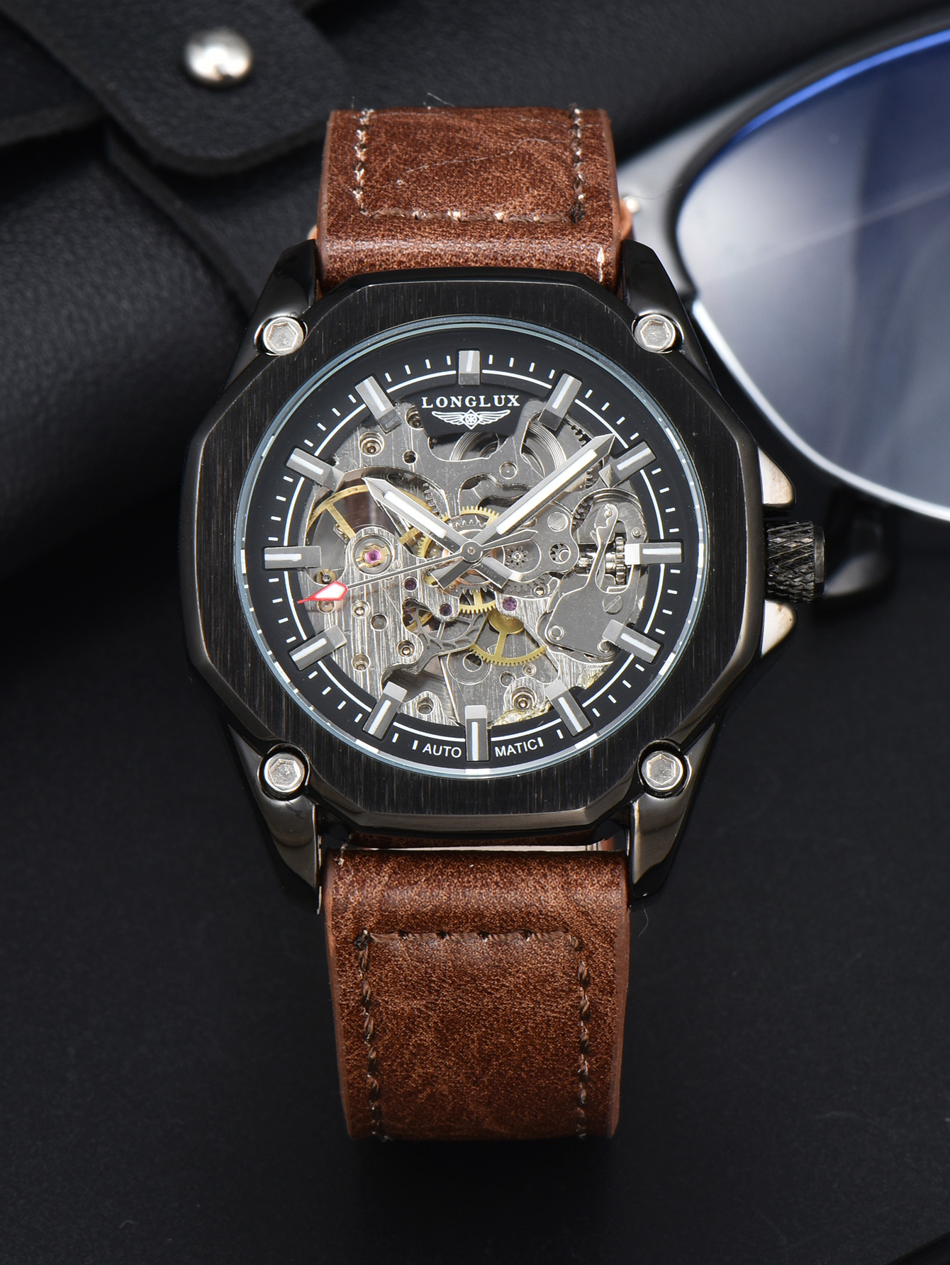 LONGLUX montre automatique sport style montres mécaniques creux en cuir hommes montre hommes: Autre