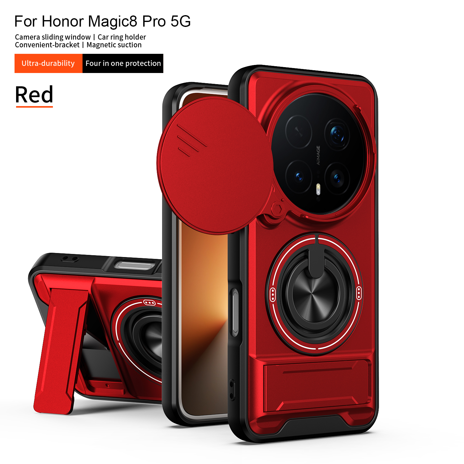 Panzer-Handyhülle für Honor Magic 8 Pro 5G mit Objektivschutz, Magnetring-Ständer und Rückenschale für Magic 8 7 6 5 4 Lite: Aluminium / Rot