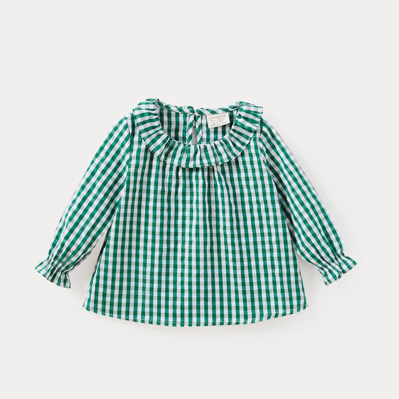 Baby Meisje Kleding Zuigeling Lente Shirt Peuter Plaid Ruffle Lange Mouwen Tops Kinderen Katoenen Pop Kraag Shirts Kid Kleding: Green / 92cm