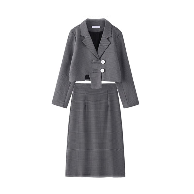 Blazer y falda a cuadros para mujer, conjunto de dos piezas Vintage, , para oficina, chaqueta con botonadura única, traje de falda media larga: M