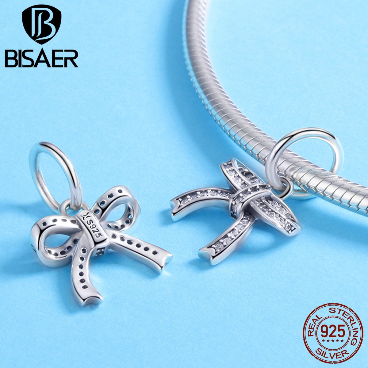 BISAER Real 925 Sterling Silver Dazzling Bowknot Charms Bowknot Clear CZ Beads Fit for Bracelet Silver 925 Jewelry Making ECC775
