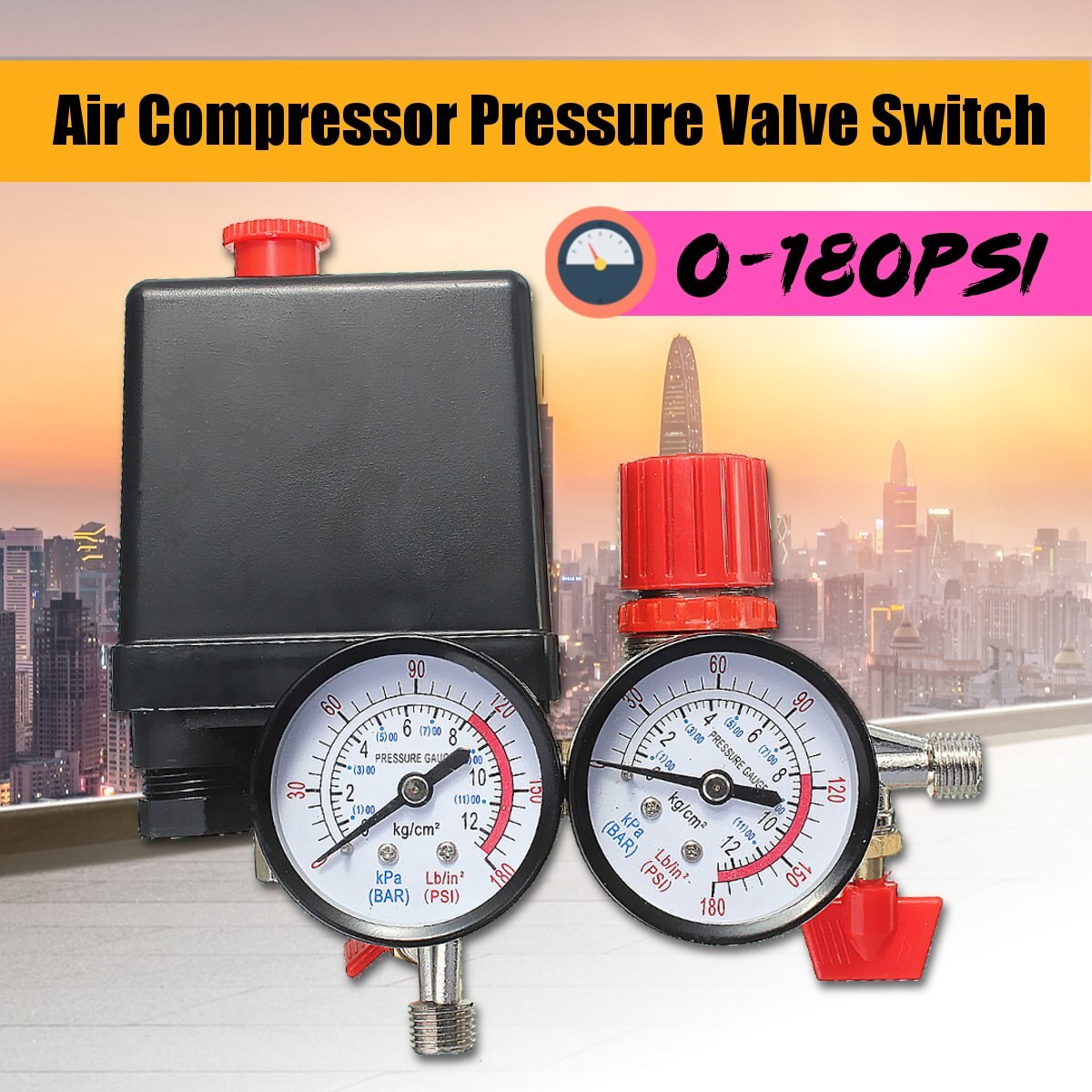 240V AC Regulator Heavy Duty Air Compressor Pump Pressure Control Switch 4 Port Air Pump Control Valve180PSI with Gauge