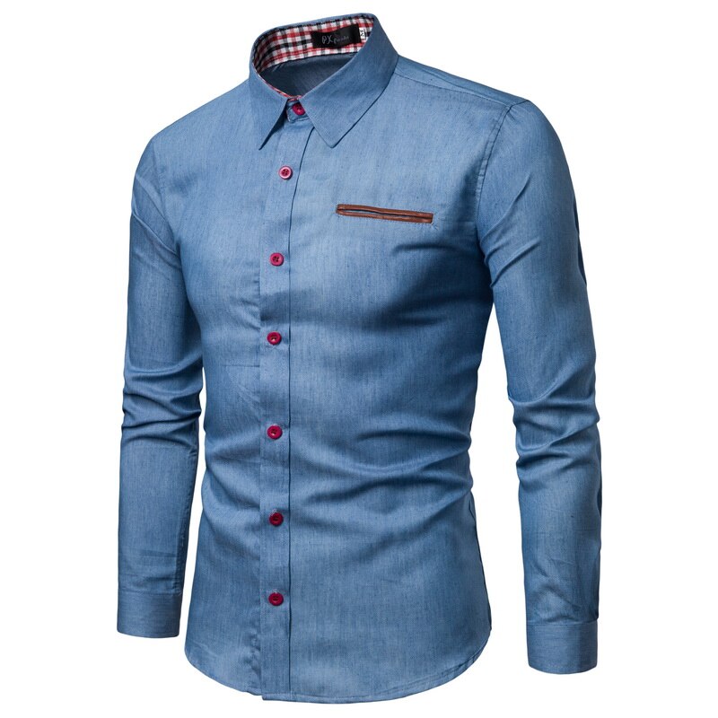 NEGIZBER otoño hombres Jeans Camisa de corte Slim de manga larga Camiseta para hombre de Jeans de superior 100% pantalones vaqueros del dril de algodón de los hombres camisas: Lblue / US size L 72-85 KG