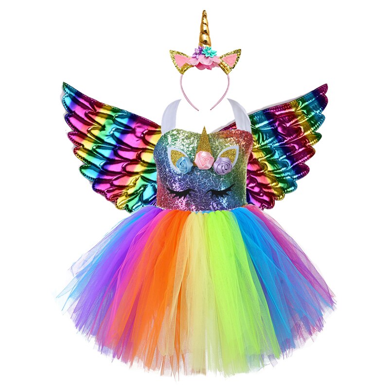 Niños Pony unicornio de cumpleaños unicornio vestido niña Arco Iris lentejuelas superior vestido de Navidad para bebés niñas unicornio disfraces de bebé: Full Set 1 / S Height 70-80cm