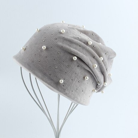 Gorros de terciopelo con diamantes de imitación y perlas para mujer, sombrero cálido y suave, de invierno, novedad de: light gray
