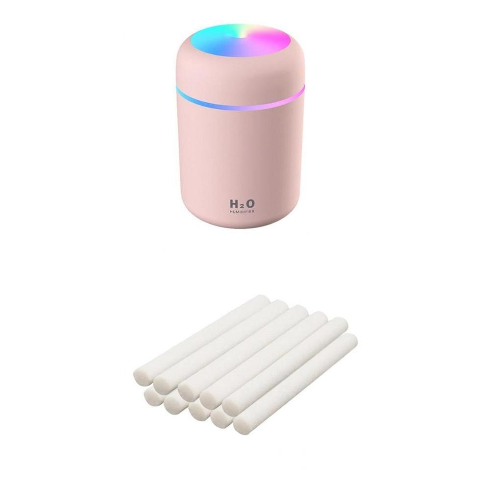 300ml Car Air Humidifier Essential Oil Diffuser Portable Mini Air Humidifier Auto Shut Off Aroma Humidifier With USB Cable: Pink and 10pcs