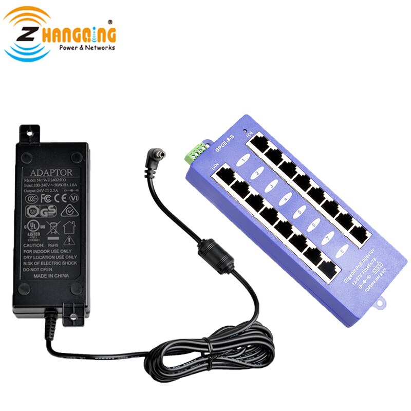 8 Port Gigabit PoE Injector 1000M Version With 24V 60W Power Supply For MikroTik, Ubiquiti, 24v PoE Devices