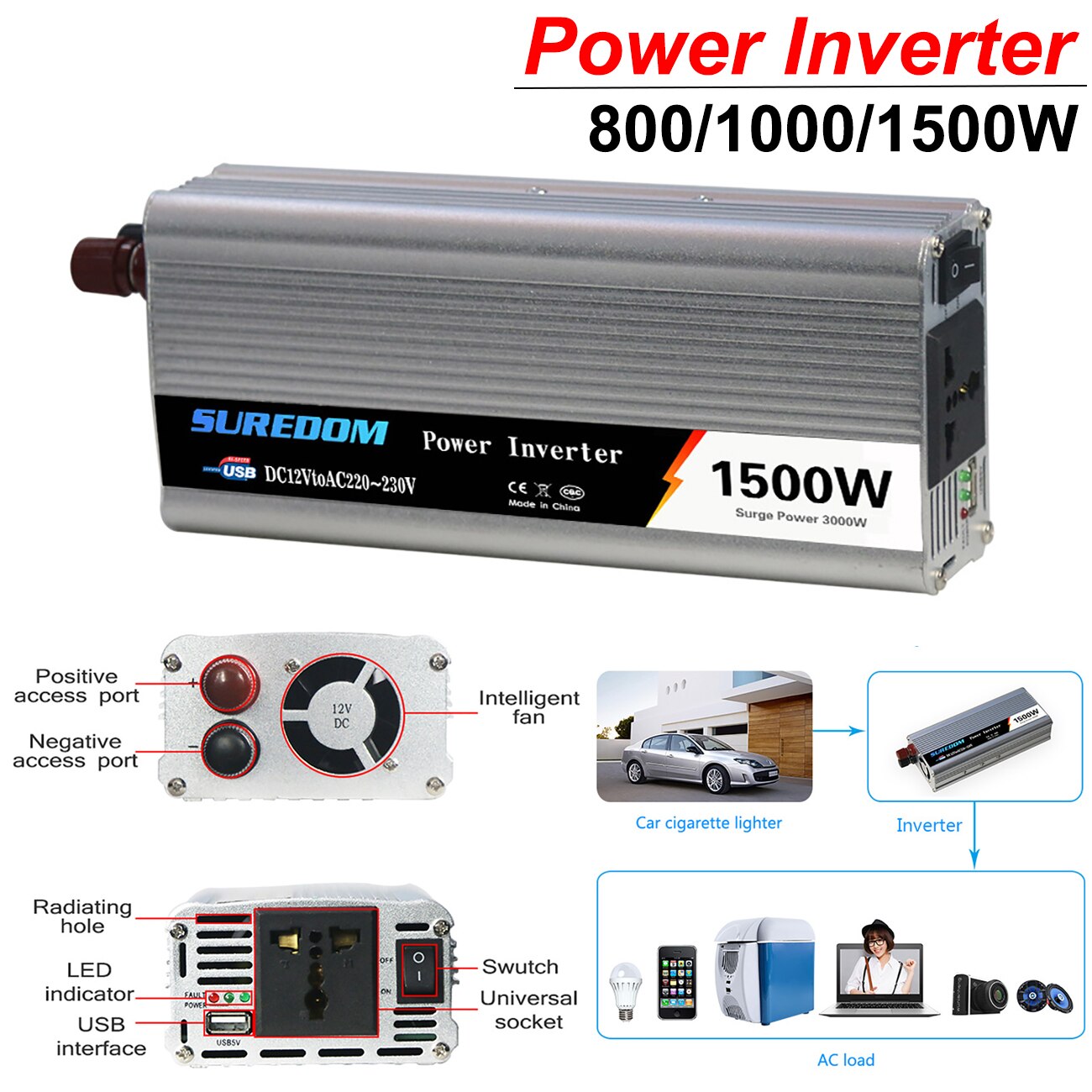 800/1000/1500W Power Inverter DC 12V To AC 220V Vehicle Power Converter Inverter Solar Inverter Car Transformer Convert