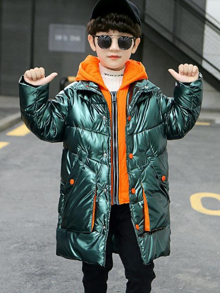 Kids Winter Long Style Jacket Coat For Boys Children Hooded Outerwear Warm Clothes Age 4 5 6 7 8 9 10 11 12 13 Years Old: Green / 8