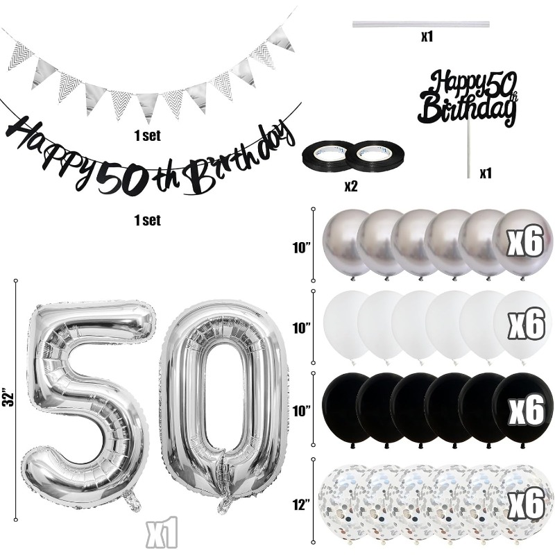 50 decoraciones de de cumpleaños para mujeres y hombres, pancarta de feliz 30, 40 y 60 cumpleaños, globos, suministros para decoración de tartas, color negro, plateado y blanco