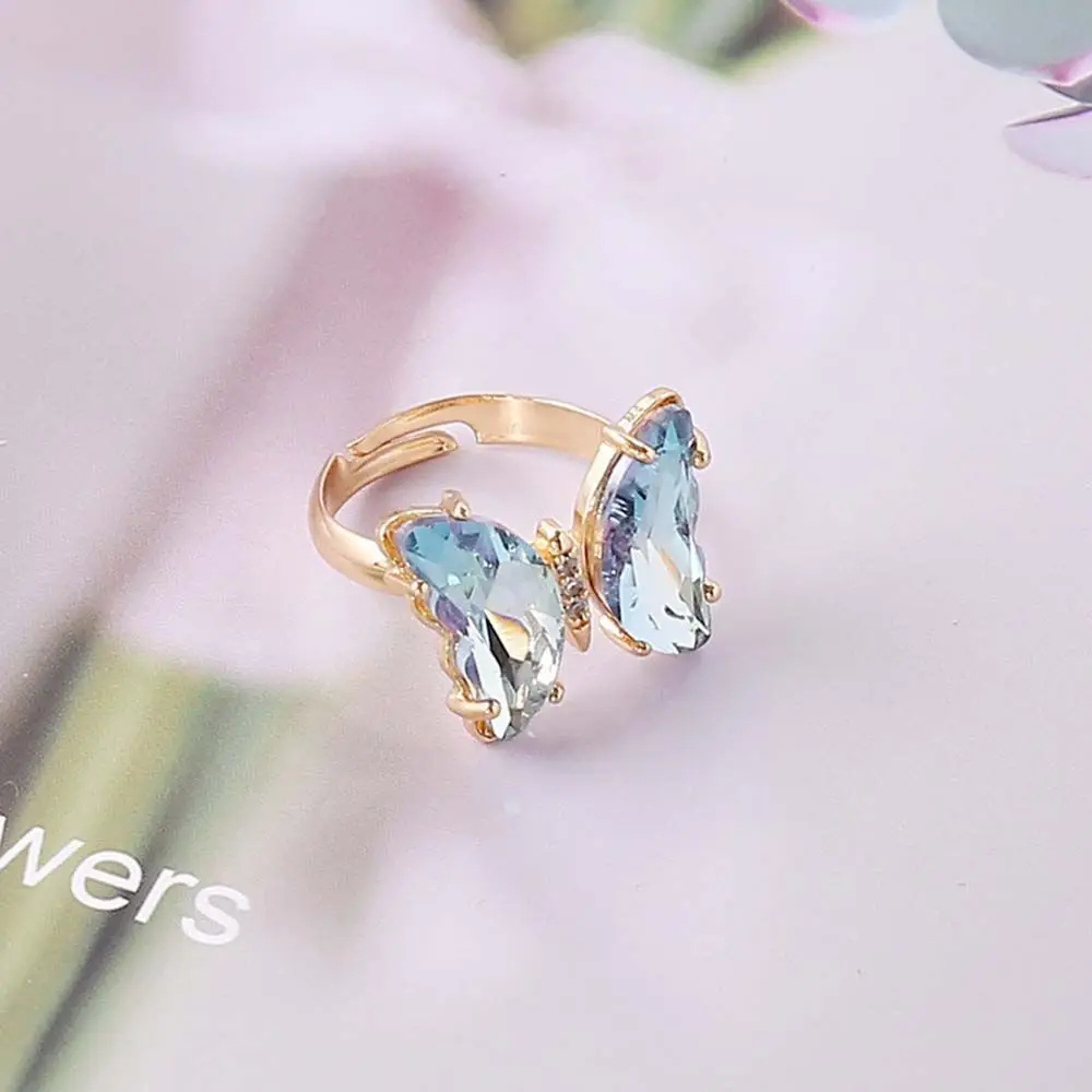Adjustable Women Girls Korean Crystal Butterfly Open Ring Jewelry Finger Rings: GRAY