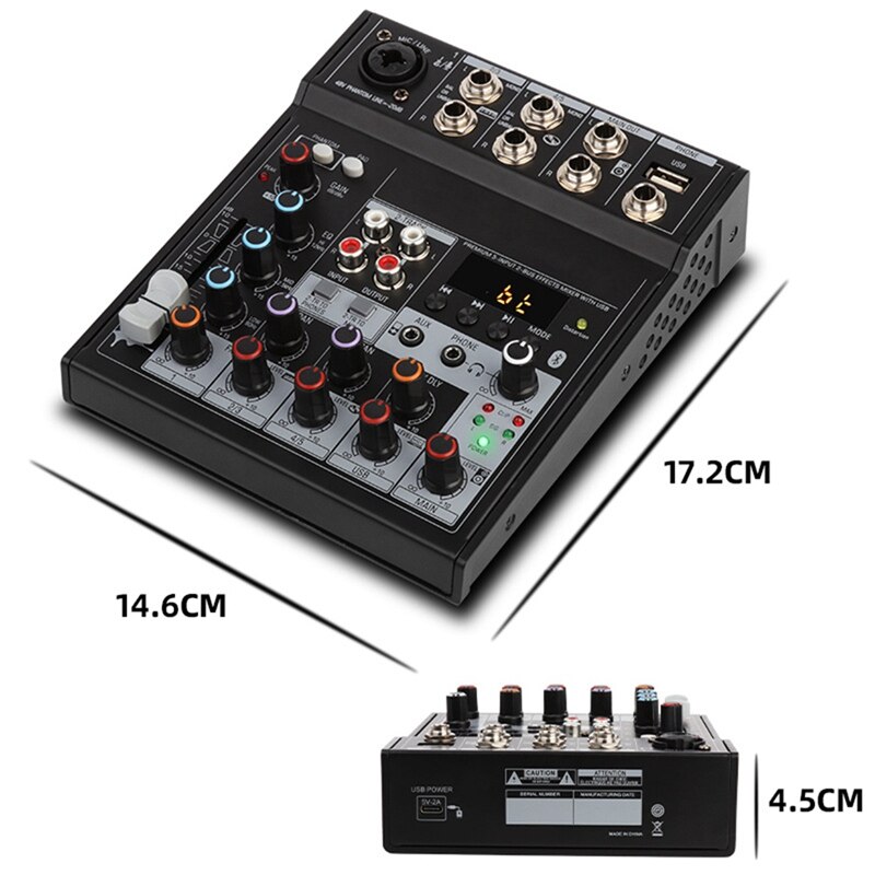 -Audio Bluetooth Mixer With Sound Card 4 Channel Stereo Mixing Console Portable For Pc Computer Record Live Playback