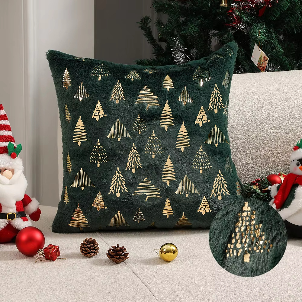 Housse de Coussin Noël Impression Feuille - 45x45cm - Taie d'oreiller Coton Doux - Style Jacquard pour Canapé