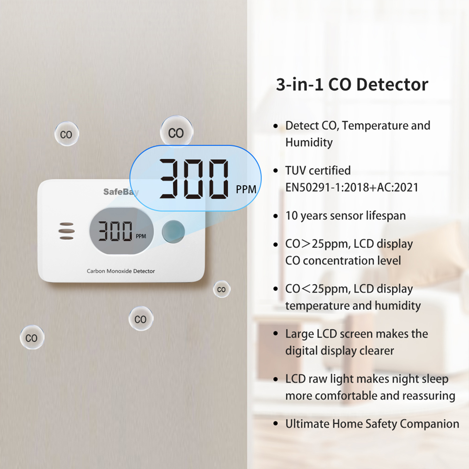 Cpvan Draadloze 3-In-1 Koolmonoxide Detector Met Temperatuur En Vochtigheid Voor Thuisbeveiliging Co Alarm 85db En 50291